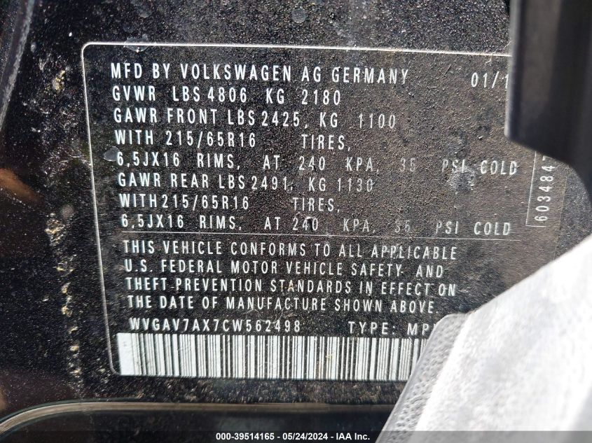 2012 Volkswagen Tiguan S VIN: WVGAV7AX7CW562498 Lot: 39514165
