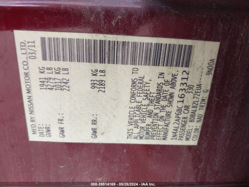 2011 Nissan Altima 2.5 S VIN: 1N4AL2AP6BC163312 Lot: 39514169