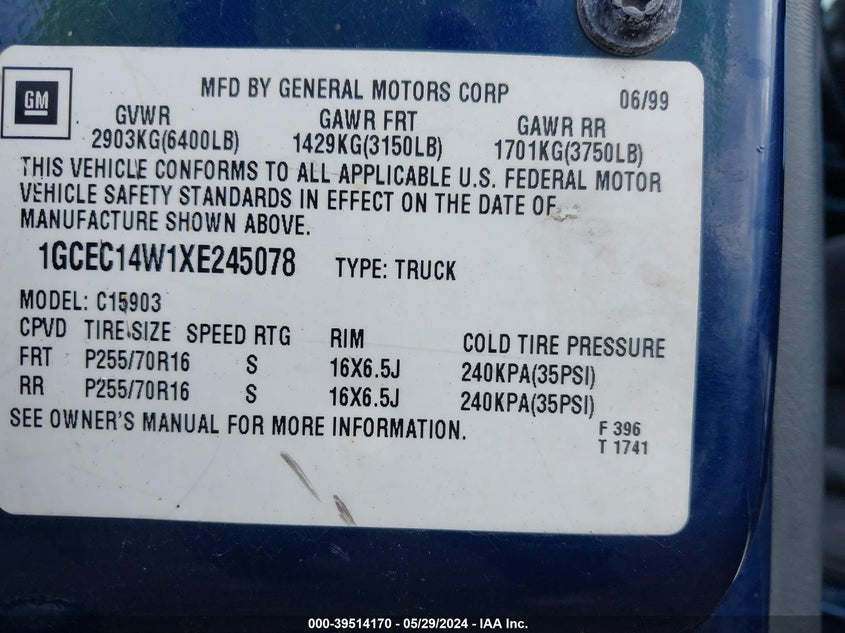 1999 Chevrolet Silverado 1500 Ls VIN: 1GCEC14W1XE245078 Lot: 39514170