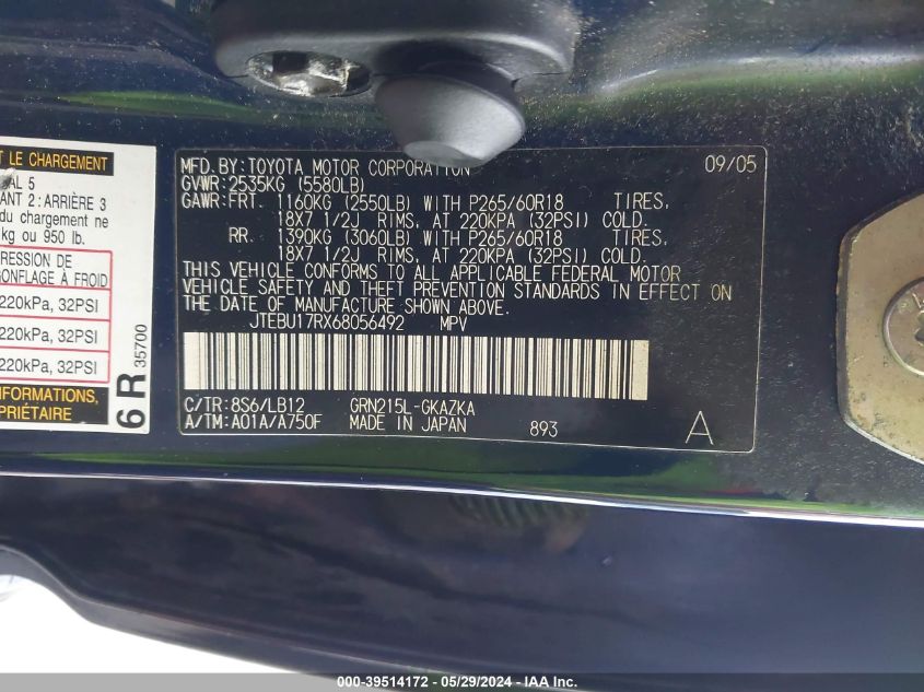 2006 Toyota 4Runner Limited V6 VIN: JTEBU17RX68056492 Lot: 39514172