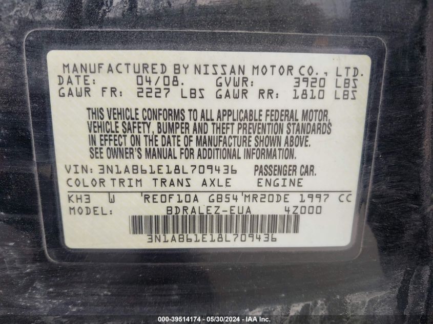 2008 Nissan Sentra 2.0S VIN: 3N1AB61E18L709436 Lot: 39514174