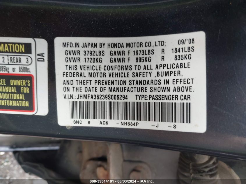 2009 Honda Civic Hybrid VIN: JHMFA36239S006294 Lot: 39514181