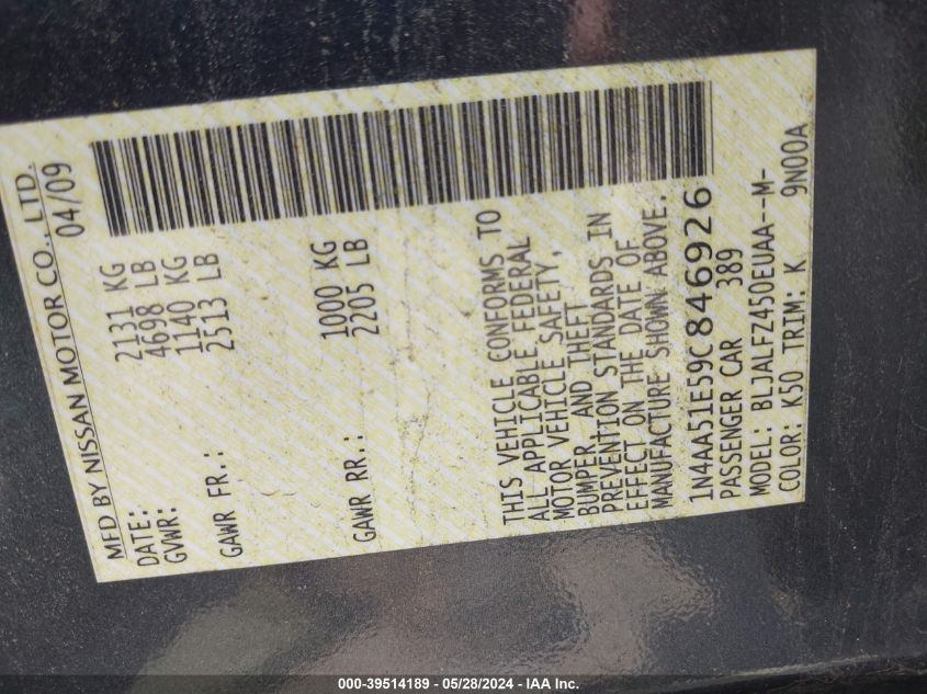 2009 Nissan Maxima 3.5 Sv VIN: 1N4AA51E59C846926 Lot: 39514189