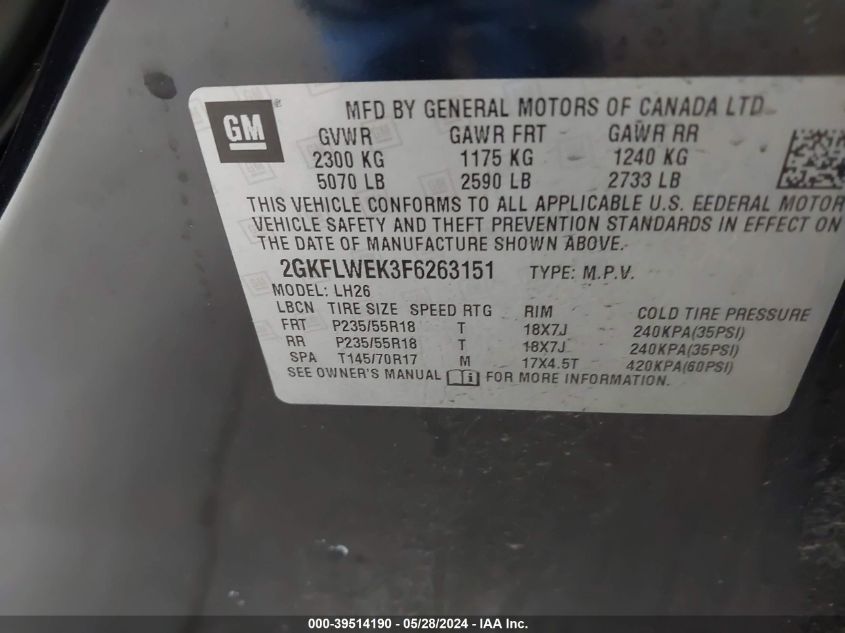 2015 GMC Terrain Sle-2 VIN: 2GKFLWEK3F6263151 Lot: 39514190