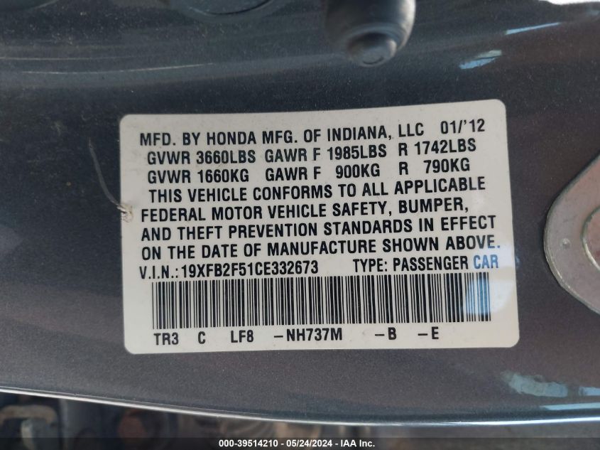 2012 Honda Civic Lx VIN: 19XFB2F51CE332673 Lot: 39514210
