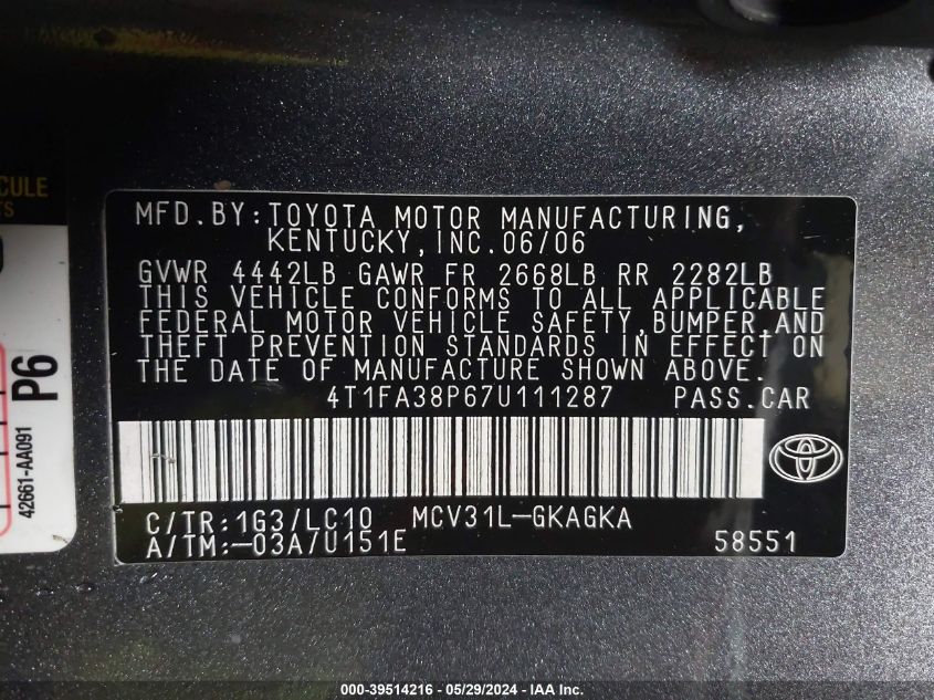 2007 Toyota Camry Solara Sle VIN: 4T1FA38P67U111287 Lot: 39514216