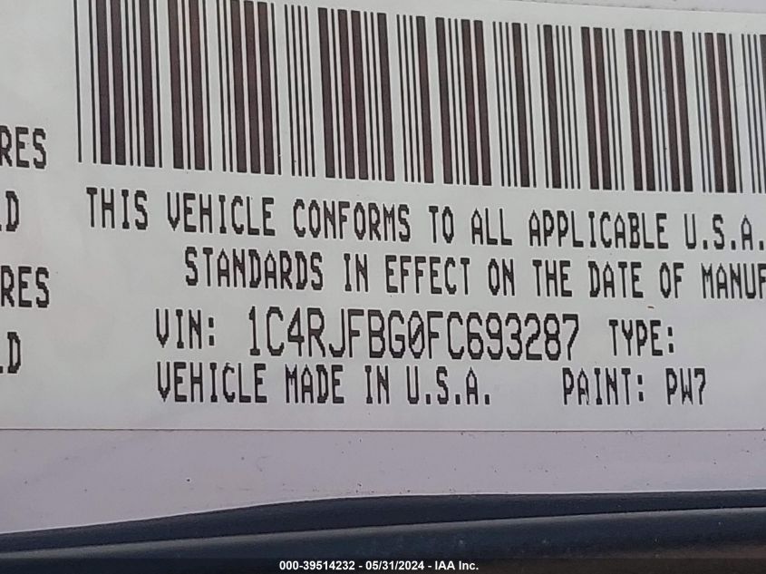 2015 Jeep Grand Cherokee Limited VIN: 1C4RJFBG0FC693287 Lot: 39514232