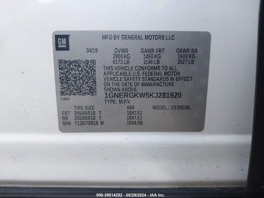 2019 Chevrolet Traverse 1Lt VIN: 1GNERGKW5KJ281920 Lot: 39514252