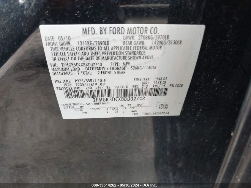 2011 Ford Flex Limited VIN: 2FMGK5DCXBBD02743 Lot: 39514262