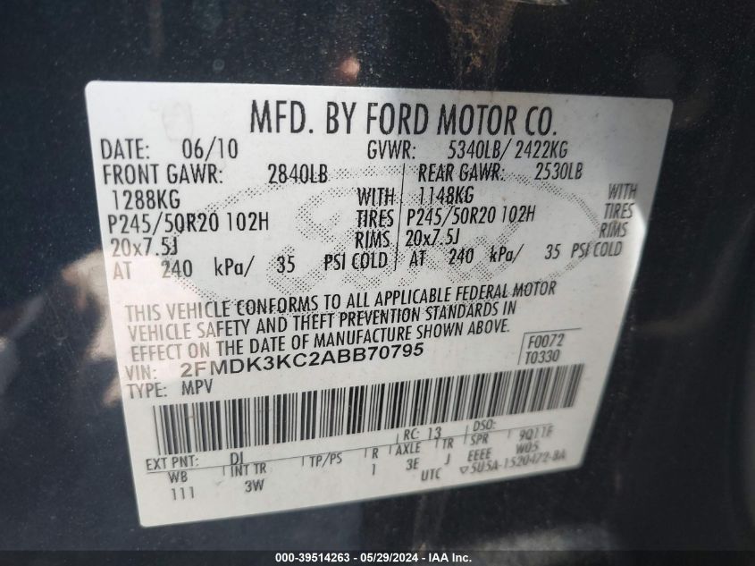 2010 Ford Edge Limited VIN: 2FMDK3KC2ABB70795 Lot: 39514263