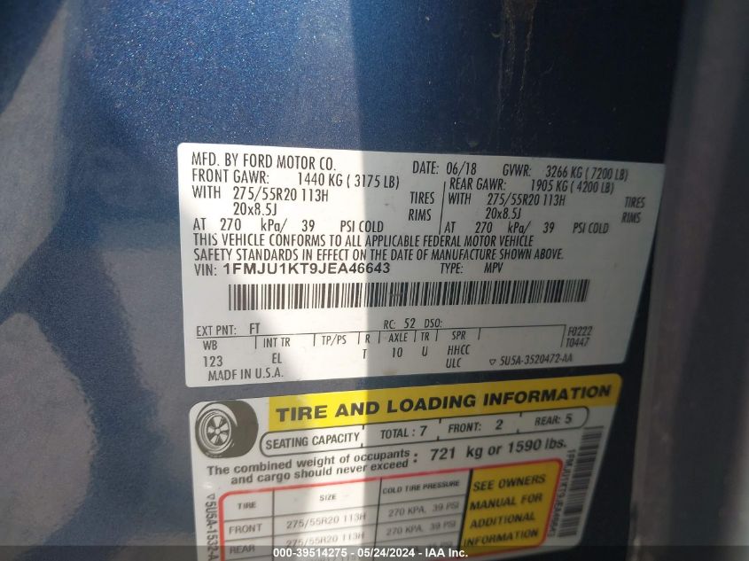 2018 Ford Expedition Limited VIN: 1FMJU1KT9JEA46643 Lot: 39514275