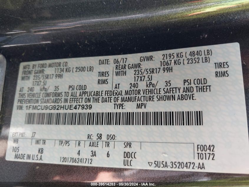 2017 Ford Escape Se VIN: 1FMCU9G92HUE47939 Lot: 39514283