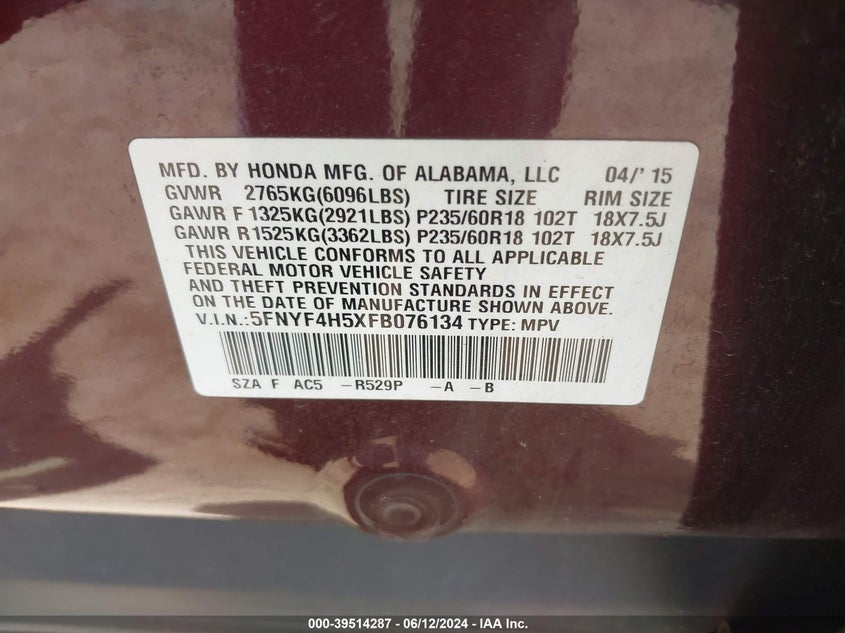 2015 Honda Pilot Ex-L VIN: 5FNYF4H5XFB076134 Lot: 39514287