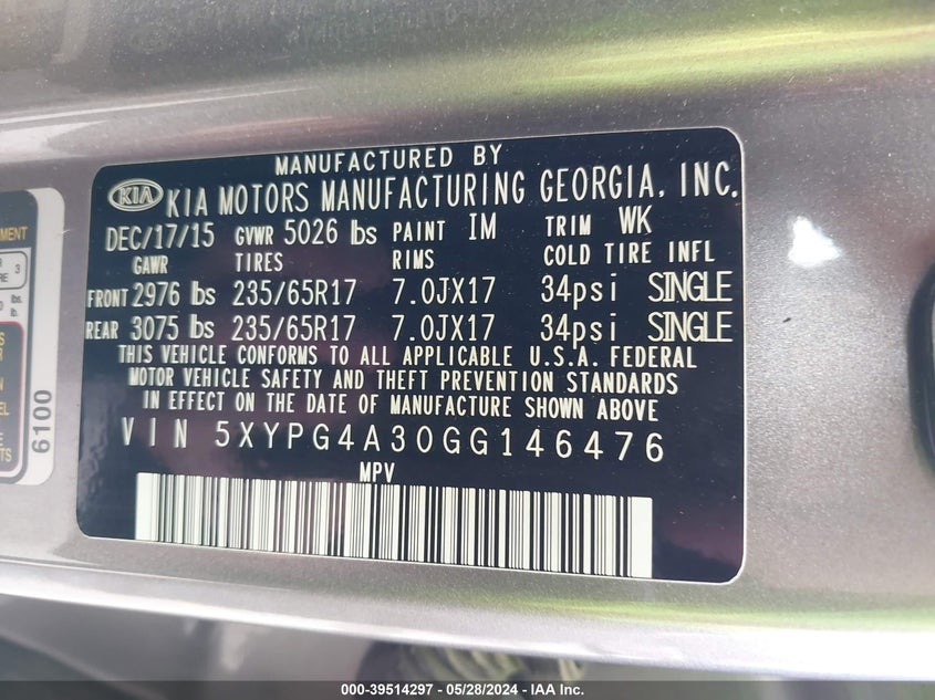 2016 Kia Sorento 2.4L Lx VIN: 5XYPG4A30GG146476 Lot: 39514297