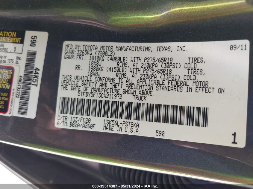 2012 Toyota Tundra Grade 5.7L V8 VIN: 5TFDY5F13CX211972 Lot: 39514307