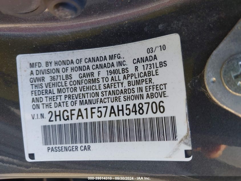 2010 Honda Civic Lx VIN: 2HGFA1F57AH548706 Lot: 39514310
