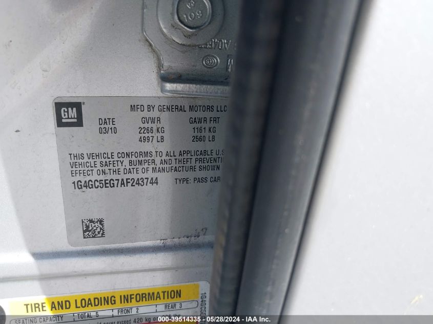 2010 Buick Lacrosse Cxl VIN: 1G4GC5EG7AF243744 Lot: 39514335