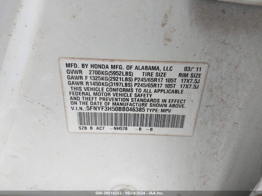 2011 Honda Pilot Ex-L VIN: 5FNYF3H50BB046385 Lot: 39514352