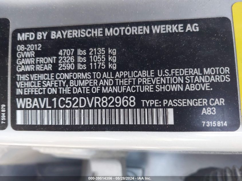 2013 BMW X1 xDrive28I VIN: WBAVL1C52DVR82968 Lot: 39514356