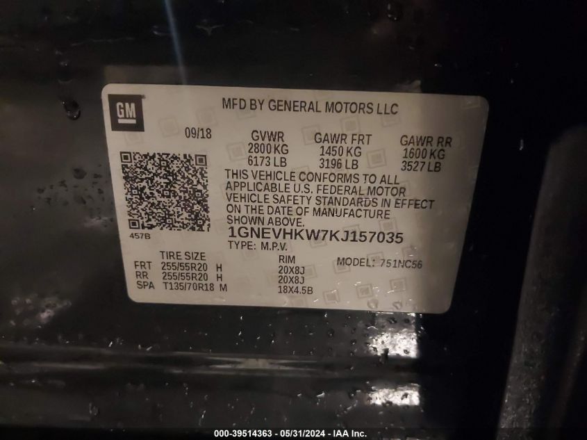 2019 Chevrolet Traverse 3Lt VIN: 1GNEVHKW7KJ157035 Lot: 39514363