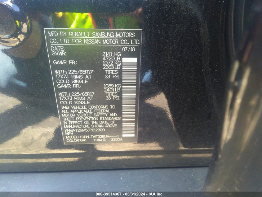 2018 Nissan Rogue Sv VIN: KNMAT2MV5JP612300 Lot: 39514367