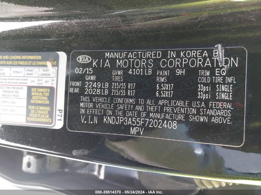 2015 Kia Soul + VIN: KNDJP3A55F7202408 Lot: 39514370