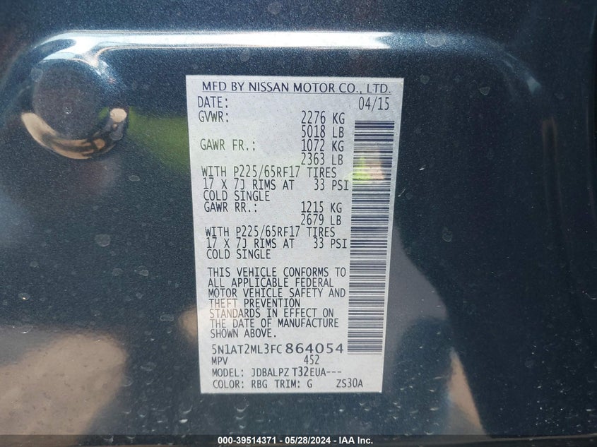 2015 Nissan Rogue S VIN: 5N1AT2ML3FC864054 Lot: 39514371