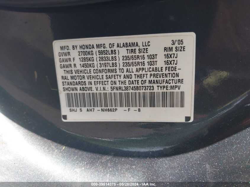 2005 Honda Odyssey Ex-L VIN: 5FNRL38745B073723 Lot: 39514375