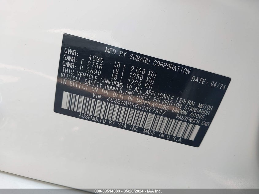VIN 4S3BWAB66R3027987 2024 SUBARU LEGACY