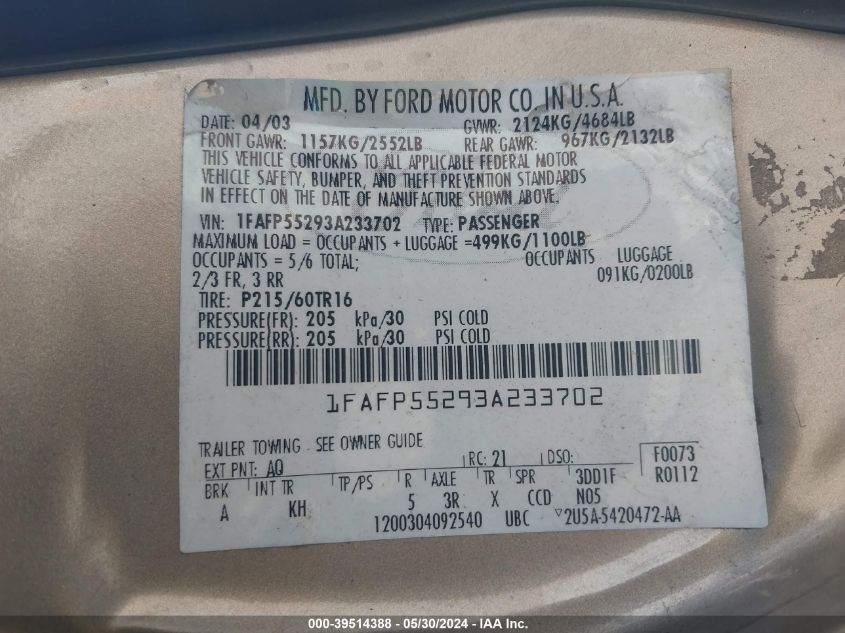 1FAFP55293A233702 2003 Ford Taurus Ses