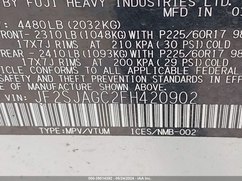 2015 Subaru Forester 2.5I Premium VIN: JF2SJAGC2FH420902 Lot: 39514392