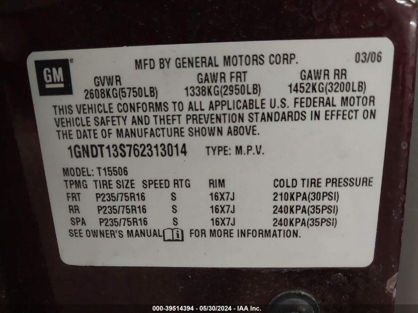 2006 Chevrolet Trailblazer Ls VIN: 1GNDT13S762313014 Lot: 39514394