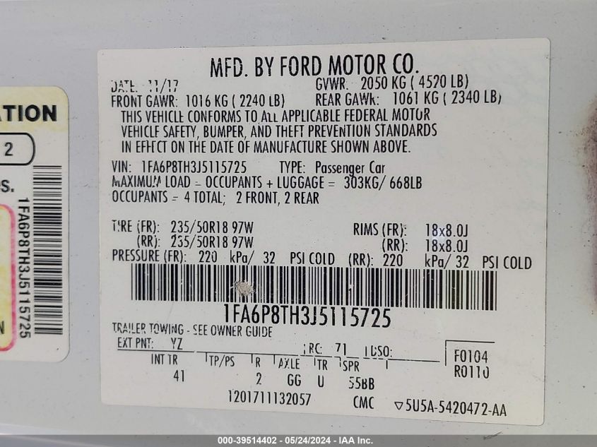 2018 Ford Mustang Ecoboost VIN: 1FA6P8TH3J5115725 Lot: 39514402