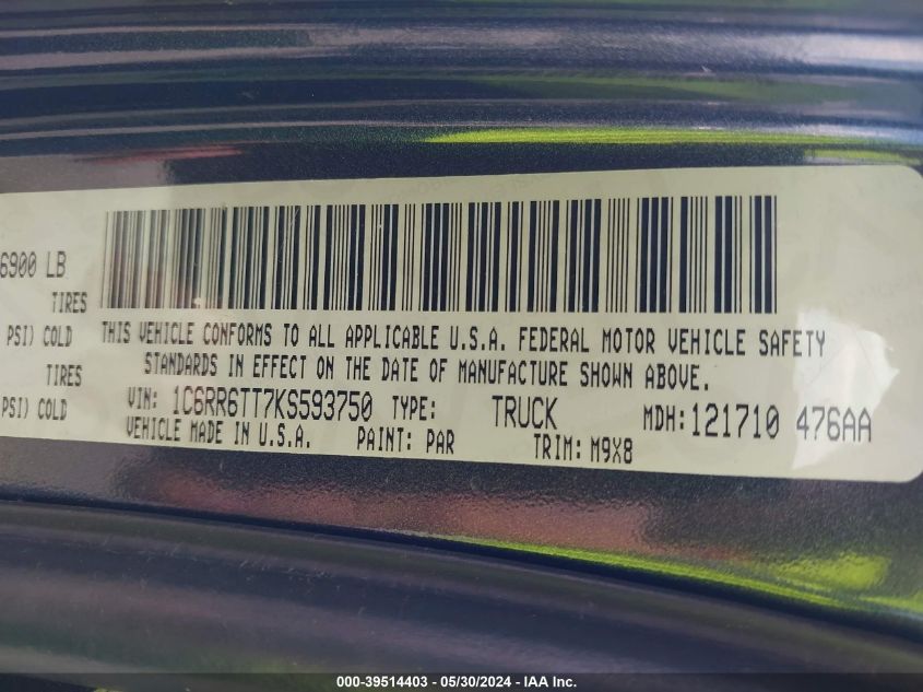 2019 Ram 1500 Classic Big Horn 4X2 6'4 Box VIN: 1C6RR6TT7KS593750 Lot: 39514403