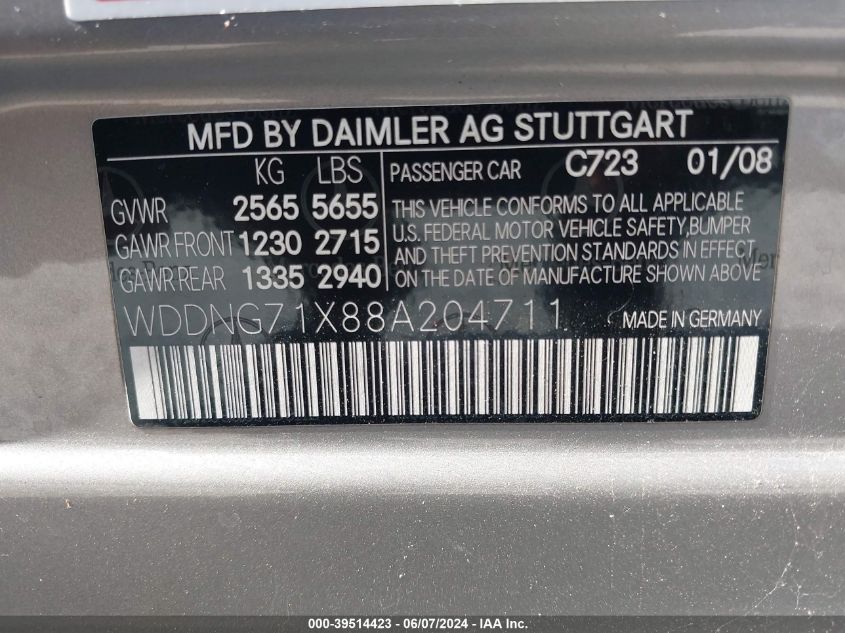 2008 Mercedes-Benz S 550 VIN: WDDNG71X88A204711 Lot: 39514423