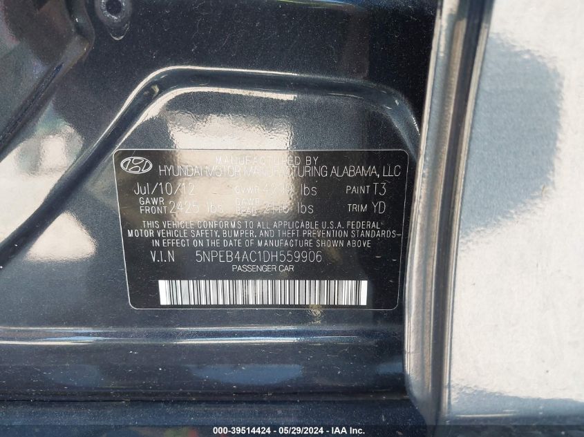 2013 Hyundai Sonata Gls VIN: 5NPEB4AC1DH559906 Lot: 39514424