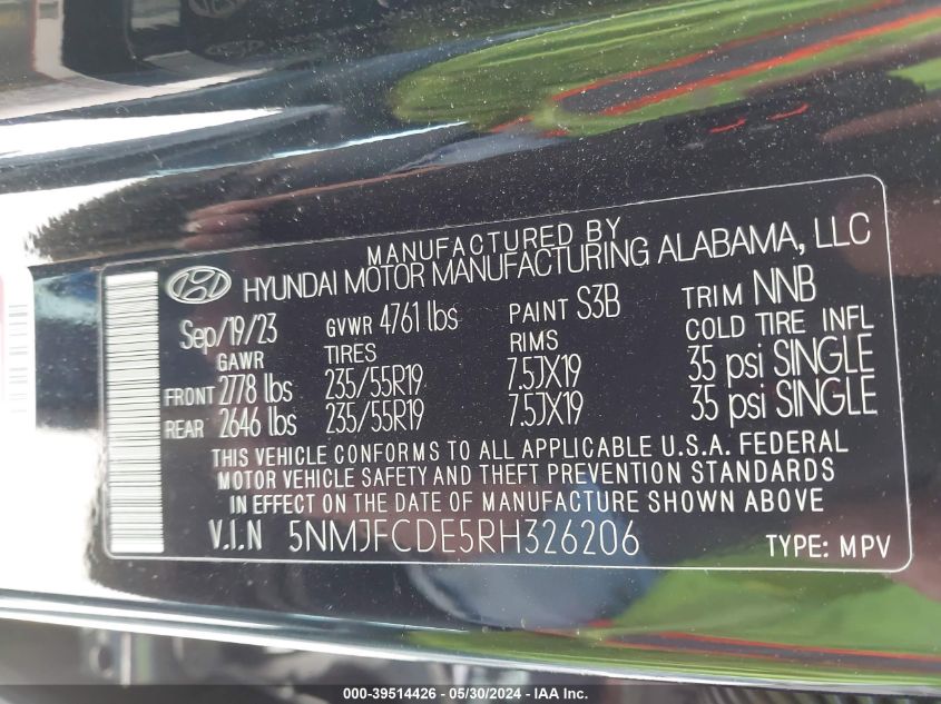 2024 Hyundai Tucson Sel VIN: 5NMJFCDE5RH326206 Lot: 39514426