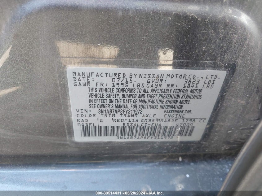 2015 Nissan Sentra S VIN: 3N1AB7AP8FY311972 Lot: 39514431