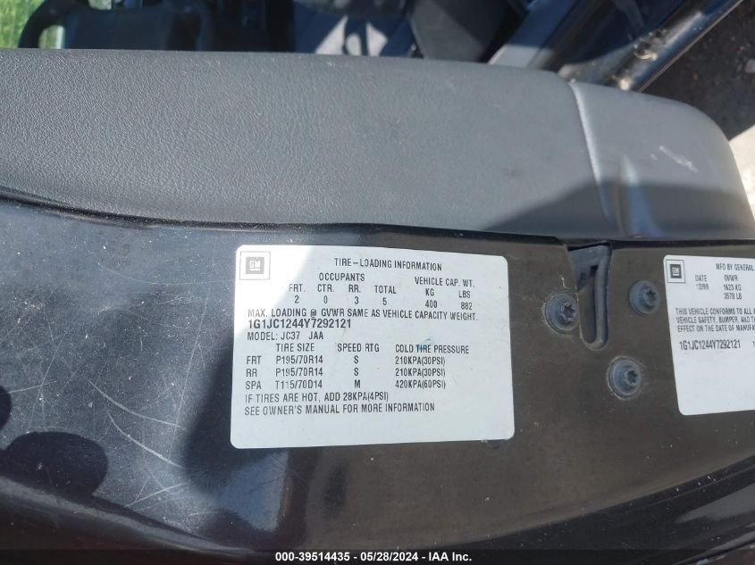 2000 Chevrolet Cavalier VIN: 1G1JC1244Y7292121 Lot: 39514435