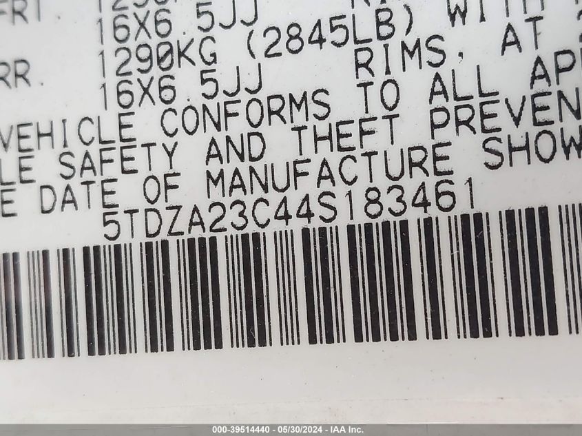 2004 Toyota Sienna Le VIN: 5TDZA23C44S183461 Lot: 39514440