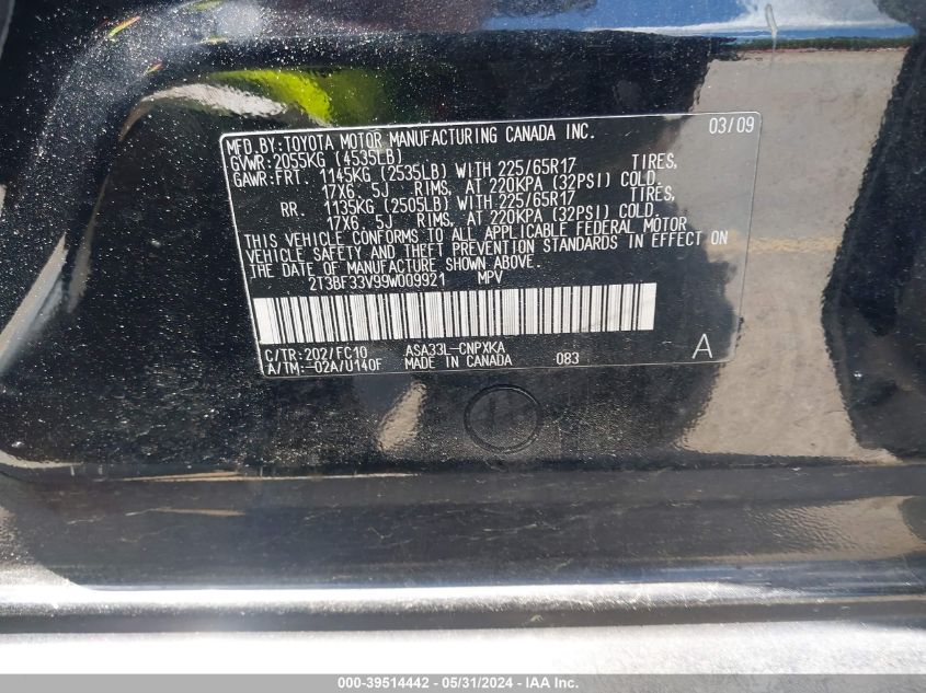 2009 Toyota Rav4 VIN: 2T3BF33V99W009921 Lot: 39514442