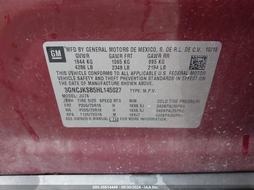 2017 Chevrolet Trax Ls VIN: 3GNCJKSB5HL145027 Lot: 39514449
