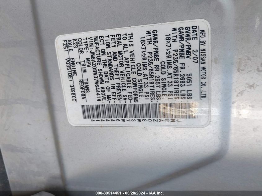 2007 Nissan Murano Sl VIN: JN8AZ08W37W64441 Lot: 39514451
