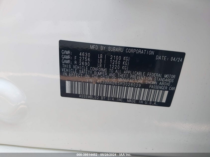 VIN 4S3BWAB65R3028029 2024 SUBARU LEGACY