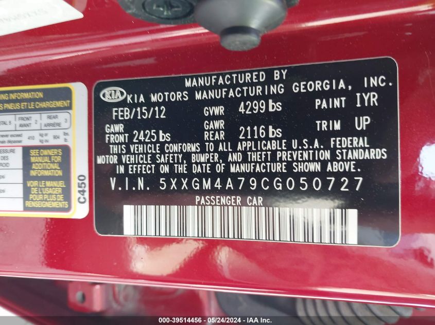 2012 Kia Optima Lx VIN: 5XXGM4A79CG050727 Lot: 39514456