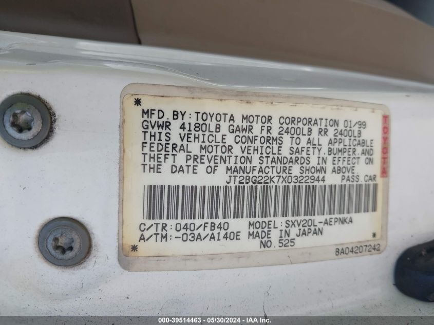 1999 Toyota Camry Le VIN: JT2BG22K7X0322944 Lot: 39514463