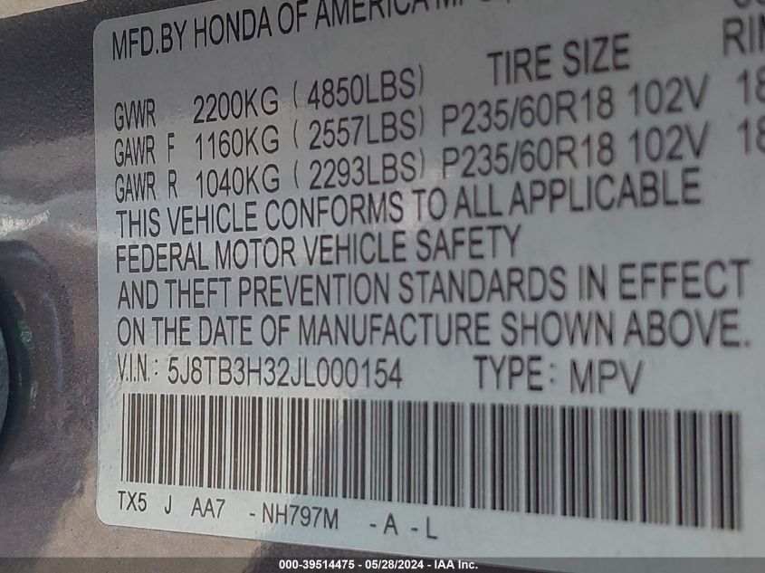 2018 Acura Rdx Acurawatch Plus Package VIN: 5J8TB3H32JL000154 Lot: 39514475