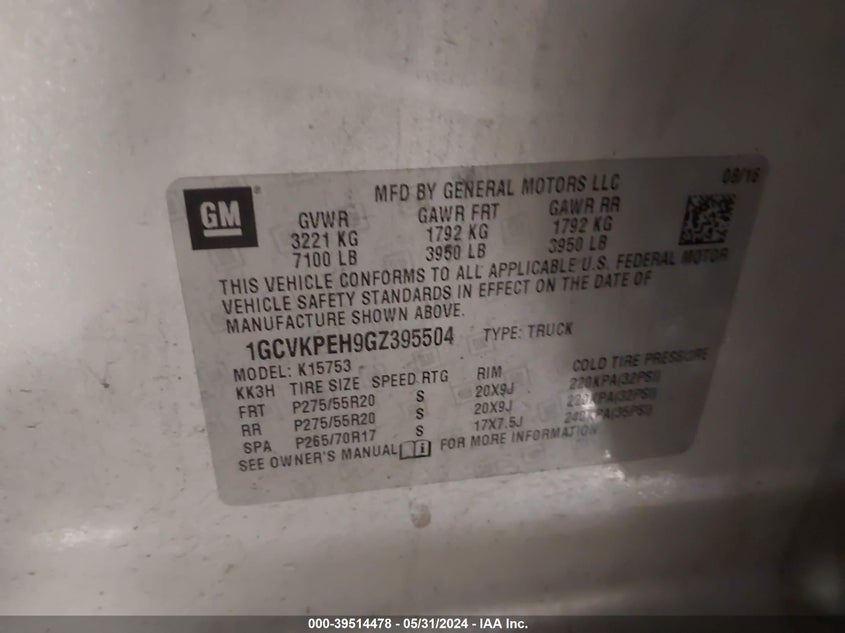 2016 Chevrolet Silverado 1500 Custom VIN: 1GCVKPEH9GZ395504 Lot: 39514478