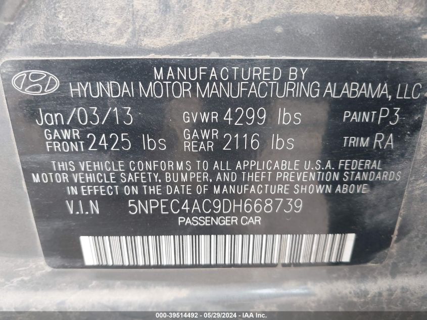 2013 Hyundai Sonata Limited VIN: 5NPEC4AC9DH668739 Lot: 39514492