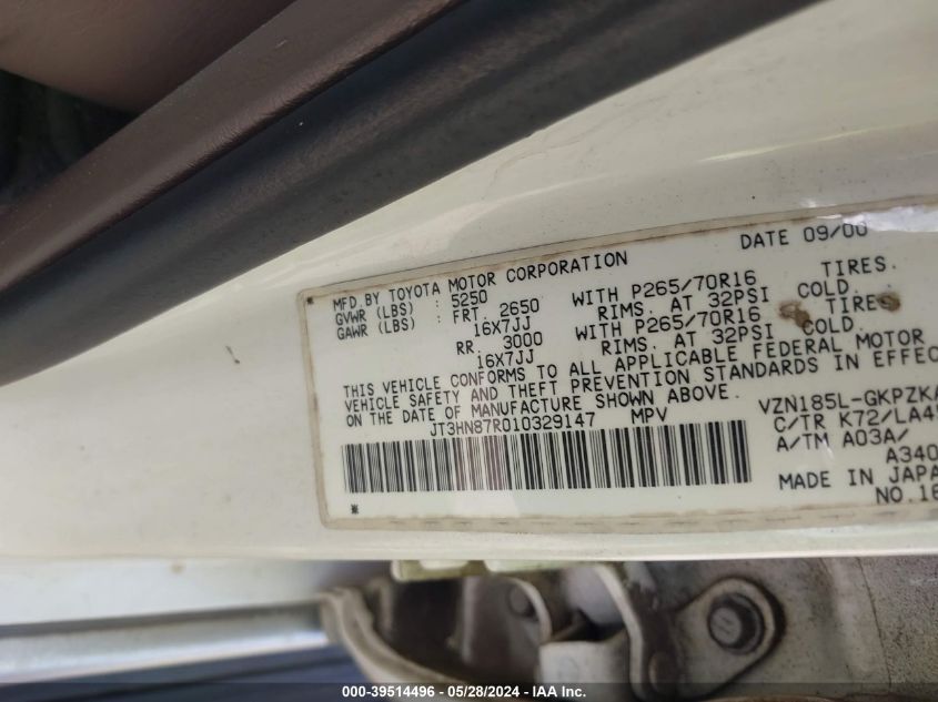 2001 Toyota 4Runner Limited V6 VIN: JT3HN87R010329147 Lot: 39514496